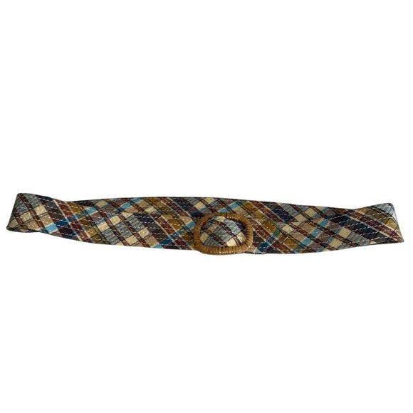 J. Crew Womens Size S/M Fabric Belt Multi Color Plaid Woven Wicker Buckle Preppy - Picture 1 of 6
